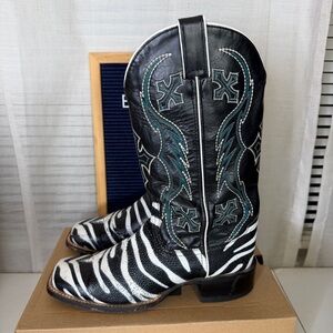 🤠 Nocona Western Cowboy Boots Safari Rancher Zebra Print Black Leather Women 9 B